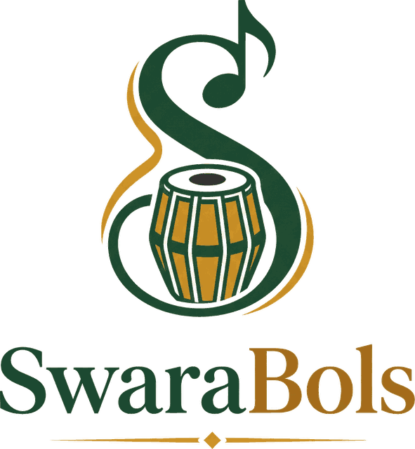 SwaraBols logo: an S flowing into a music note around a Tabla